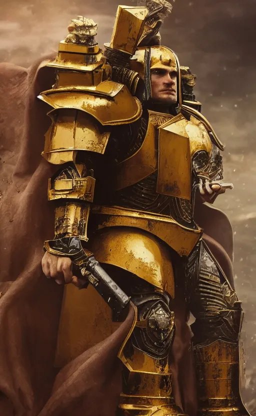 Image similar to Henry Cavill as warhammer 40k Emperor of Mankind dressed in his golden power armor. full-length portrait, beautiful face, long hair, painted by Donato Giancarlo and Annie Liebowitz, fine details, cinematic, highly detailed, octane render