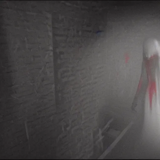 Prompt: creepy ultra-detailed footage of bloody ghostlike entity in my basement