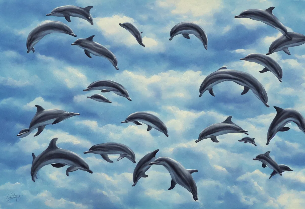 Prompt: family of dolphins flying through the clouds together science fiction painting