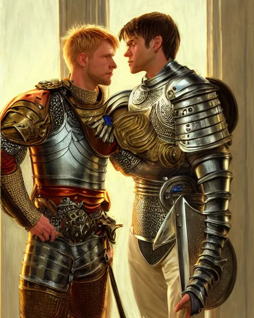 Image similar to attractive arthur pendragon confesses his love for his attractive male knight, highly detailed, very intricate, cinematic lighting, by donato giancola and rossdraws and magali villenueve, featured on artstation