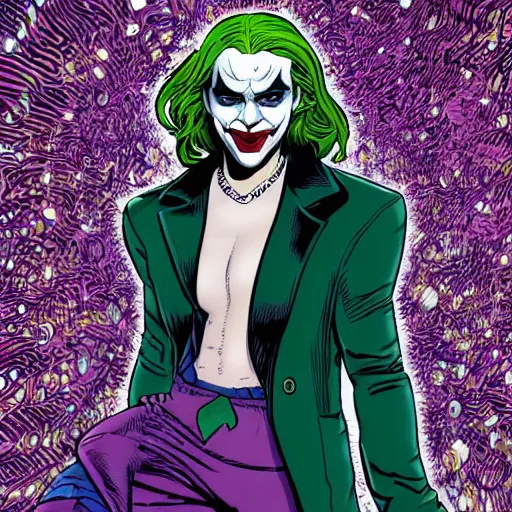 Prompt: dynamic macro head portrait of beautiful emma watson as the joker in white sequined jacket by john romita sr and cory walker and ryan ottley and jack kirby and barry windsor - smith, comic, illustration, photo real