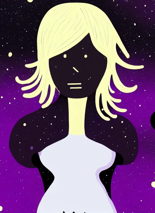 Prompt: highly detailed portrait of a hopeful pretty astronaut lady with a wavy blonde hair, by Jean Jullien , 4k resolution, nier:automata inspired, bravely default inspired, vibrant but dreary but upflifting purple, black and white color scheme!!! ((Space nebula background))