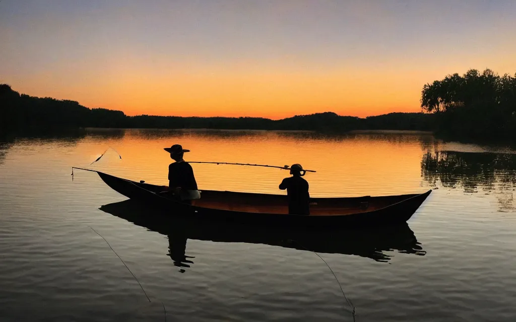 Prompt: A man sitting in a wooden boat in the middle of a small lake wearing a bucket hat and holding a fishing rod. Sunset. Vibrant. Artistic realism.