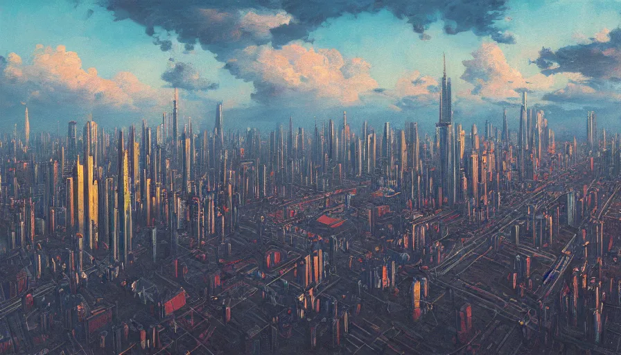 Prompt: an intricate oil painting of an aerial view by simon stalenhag, tall skyscrapers in background and cloudy sky, golden hour