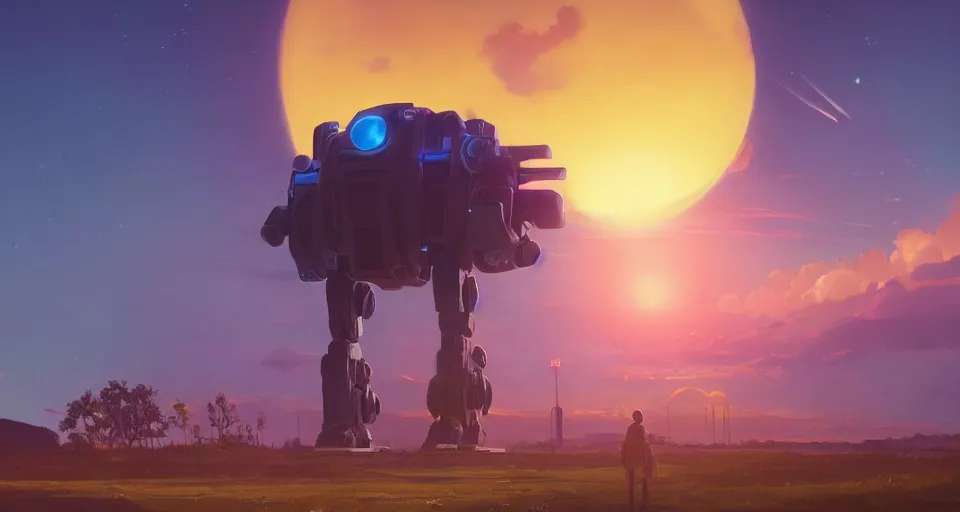 Prompt: GIANT ROBOT MOTHERSHIP looming in the distance, large sunset, cinematic, rendered by simon stålenhag, rendered by Beeple, Makoto Shinkai, syd meade, environment concept, digital art, unreal engine, 3 point perspective, WLOP, trending on artstation, low level, 4K UHD image, octane render,