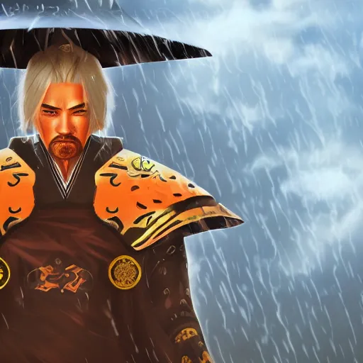 Prompt: A detailed portrait of Raiden Shogun from Genshin Impact standing on a mountain in the rain, 4k, artstation