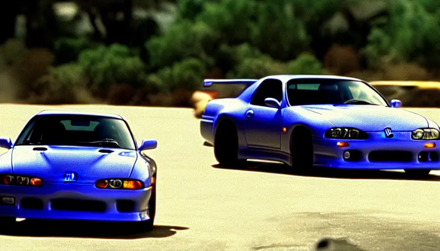 Prompt: movie still. The Fast and the Furious, 2001. Toyota Supra, cinematic, 8k, depth of field, bokeh. brian spilner, paul walker, dominic toretto, vibrant accents