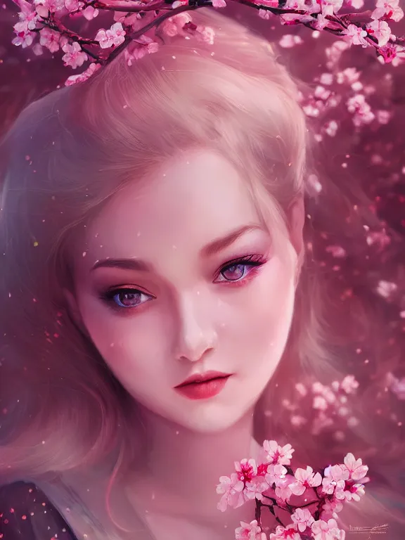 Image similar to a ultradetailed beautiful portrait of a wonderful cherry blossom with soft and peaceful colours, dynamic lighting, cinematic lighting, etheric, oil panting, high resolution, 4 k, by artgerm