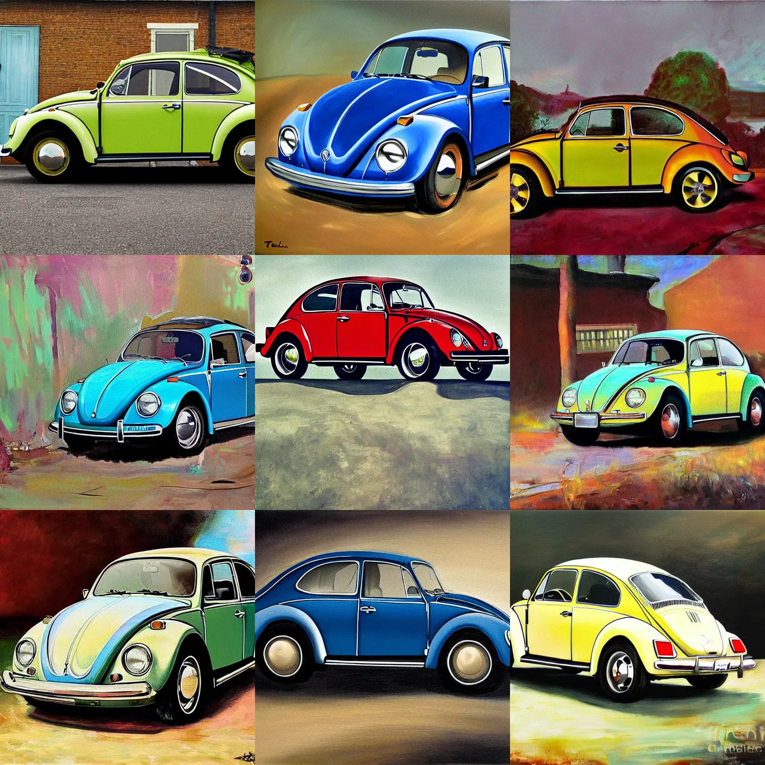 Prompt: painting of a 1970 vw beetle painted by rembrandt