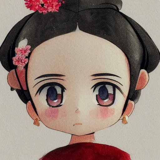 Image similar to beautiful water color concept art of face detailing cute nendoroid girl in the style of japanese wood printing , toon rendering, close-up, no shade, modern art, kyoto animation, manga, Julian Opie