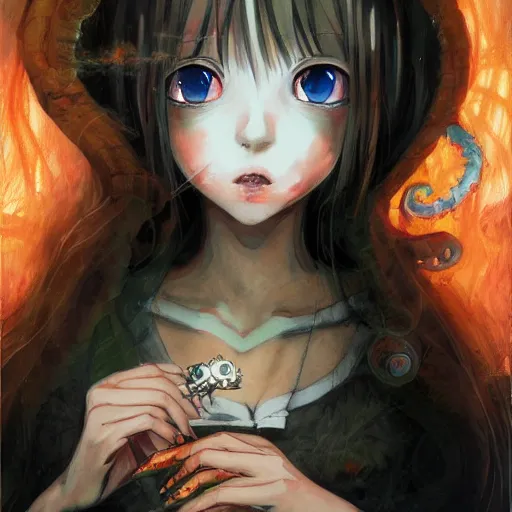 Image similar to big eyed shoggoth anime-girl smoking a cigarette hyperreality painting by amano yoshitaka, lilia alvarado 8k hd hyperdetailed