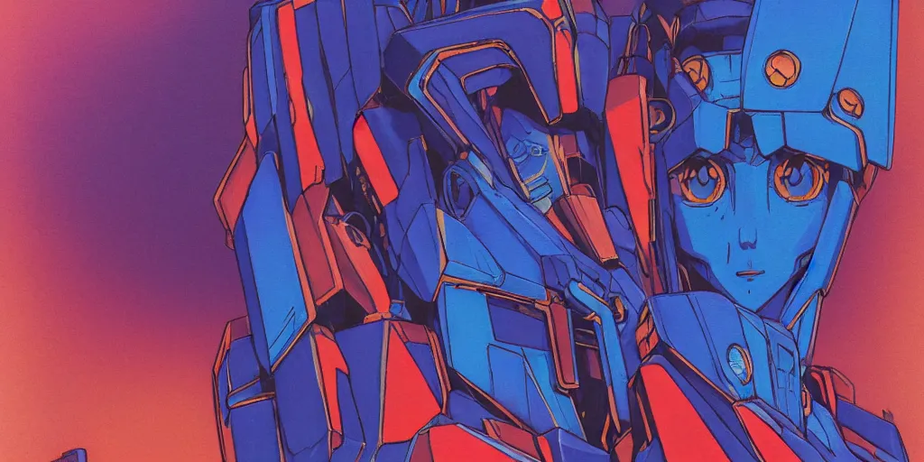 Image similar to risograph grainy painting of gigantic huge evangelion - like gundam mech face, with huge earrings and rings around head with a lot of details, covered with rich jewelry, blue hour, twilight, by moebius and dirk dzimirsky and satisho kon, close - up wide portrait