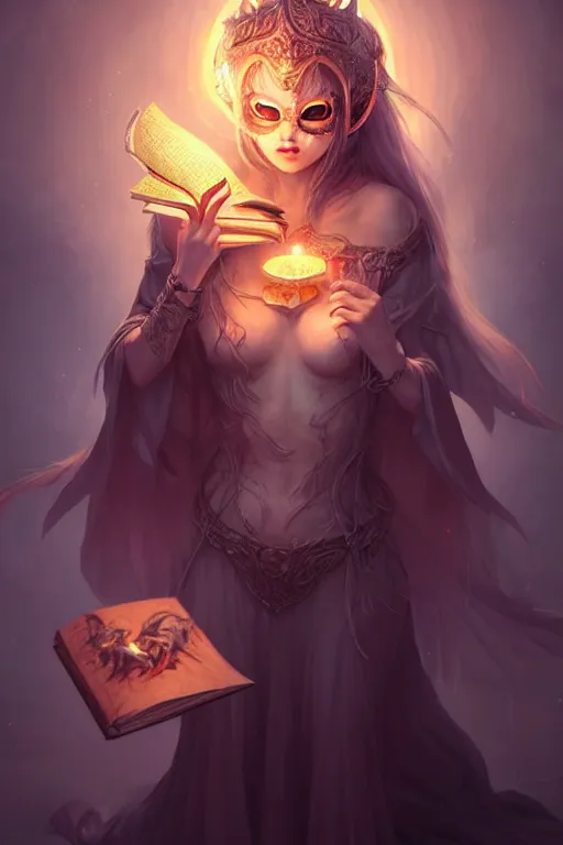 Image similar to gorgeous!!! hyper - realstic sorceress with a kitsune mask, holding a tattered magical book, casting a spell | drawn by wlop, drawn by jeehyung lee, drawn by artgerm | fantasy, dark, intricate, highly detailed, digital painting, character design, concept art, illustration, artstation