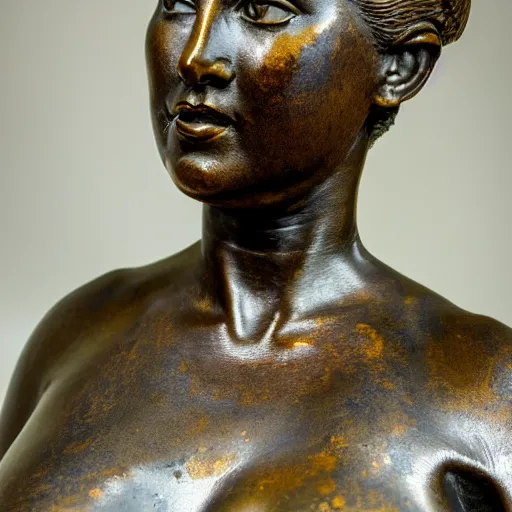 Image similar to detailed photo of an old bronze patina statue of a beautiful curvy woman portrait, intricate detail, museum diffuse lighting