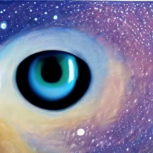 Image similar to a highly detailed photorealistic painting of a human eye reflecting outer space