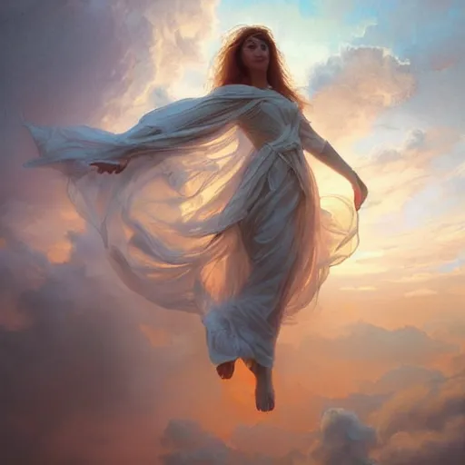 Image similar to cinematic shot collosoal size angel in the clouds sunset digital painting, artstation, concept art, soft light, hdri, smooth, sharp focus, illustration, fantasy, intricate, elegant, highly detailed, D&D, matte painting, in the style of Greg Rutkowski and Alphonse Mucha and artemisia, 8k, highly detailed, jurgens, rutkowski, bouguereau, pastoral, rustic, georgic