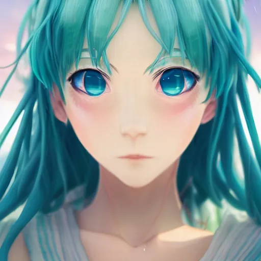 Prompt: render as a very beautiful 3d anime girl, profile picture, long braided teal hair, azure blue eyes, full round face, short smile, casual clothes, serene beach setting, cinematic lightning, medium shot, mid-shot, highly detailed, trending on Artstation, Unreal Engine 4k, cinematic wallpaper