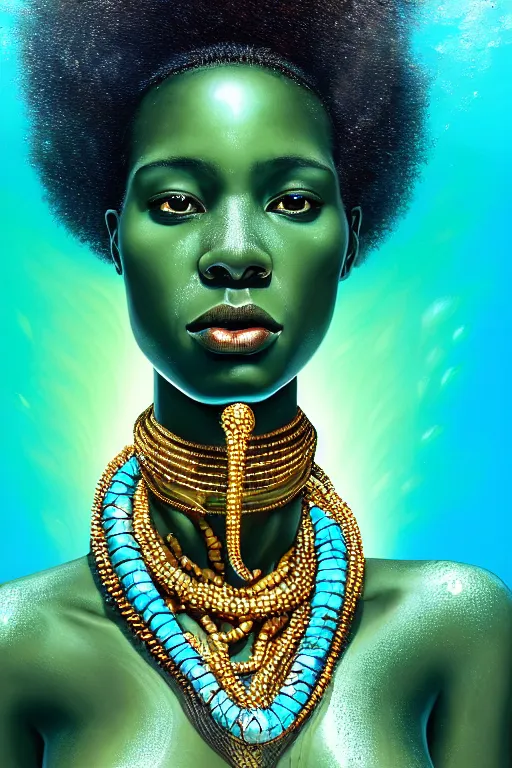 Image similar to hyperrealistic wide shot of very expressive! translucent!! african goddess, cinematic underwater scene with fish and algae, gold jewerly, highly detailed face, digital art masterpiece, eric zener cam de leon, dramatic pearlescent turquoise light on one side, low angle uhd 8 k, shallow depth of field