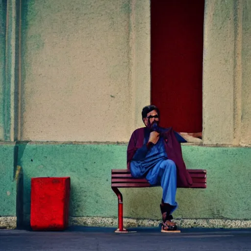 Image similar to a man sitting on a bench in front of a building, a character portrait by kamal ud - din behzad, featured on unsplash, neo - primitivism, matte photo, photo taken with ektachrome, studio portrait