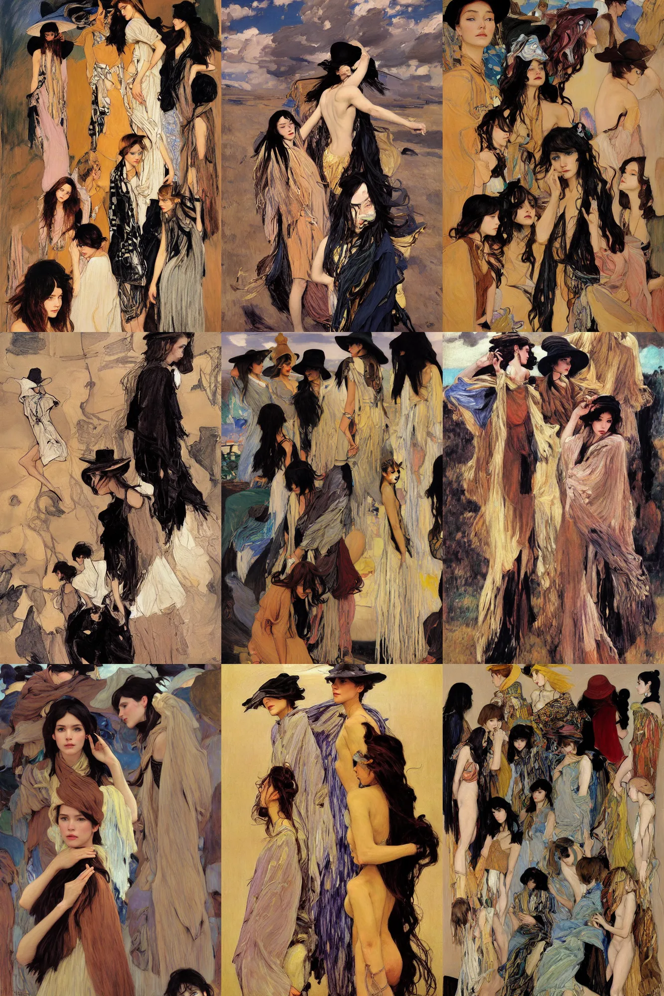 Prompt: dramatic light, thunder clouds in the sky, stylization figures, simple form, brutal shapes, shaman, portrait of group of fashionable young womans wearing rich jewerly hats and boho poncho, pixiv, 1970s fashion, anime, artwork by Joaquin Sorolla and john william waterhouse and Denis Sarazhin and James Jean and klimt and rhads and van gogh and Dean Ellis