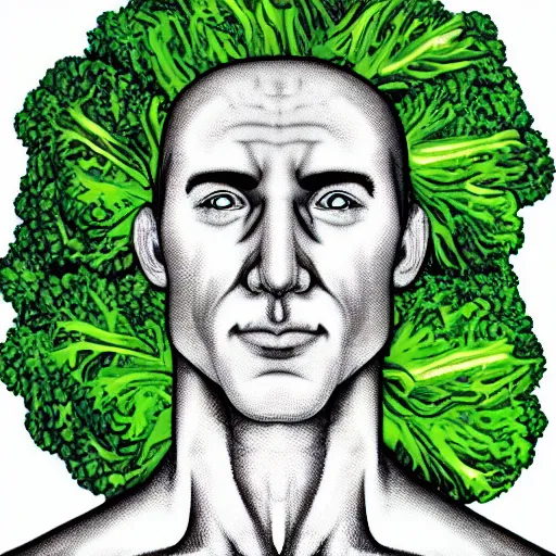 Image similar to portrait of a lean muscular human male made of broccoli florets