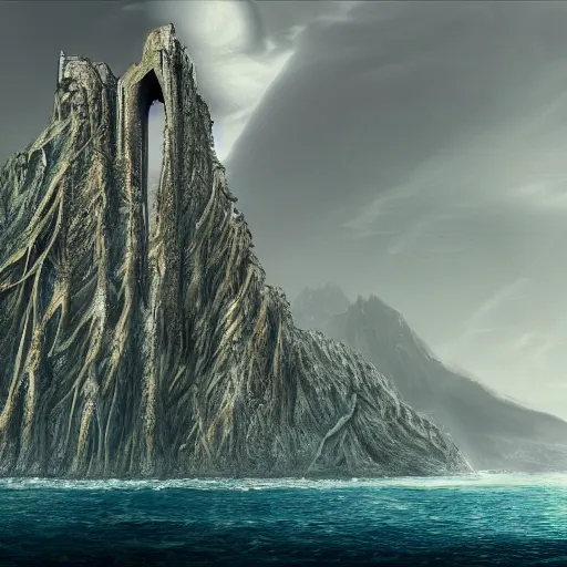 Prompt: The Argonath, highly detailed concept art + Drone Camera Shot + Ancient Ruins, grandiose + UHD, DOF