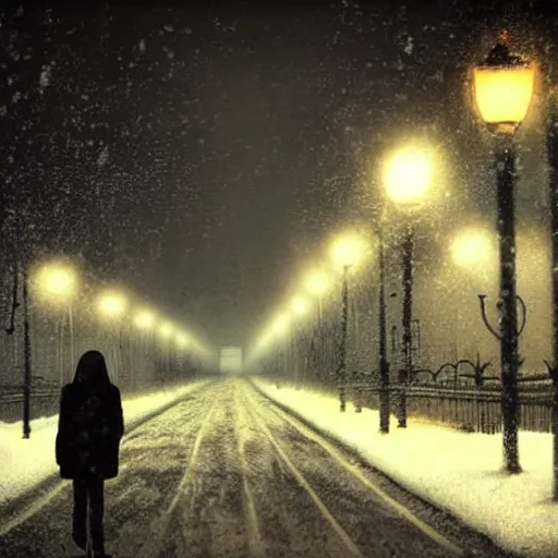 Image similar to street, snowstorm, silhouette in the distance, monster, creepy, horror, hyper realistic,