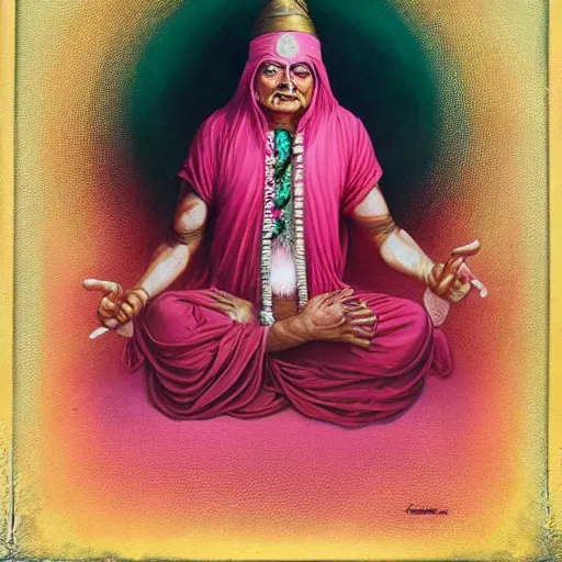 Prompt: wise old Indian guru, multiple arms, large ears, pink and gold , by Anato Finnstark, Tom Bagshaw, Brom