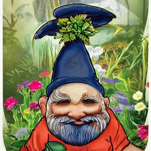 Image similar to collecting cards of undercover super garden gnomes and their magical attributes, borders,