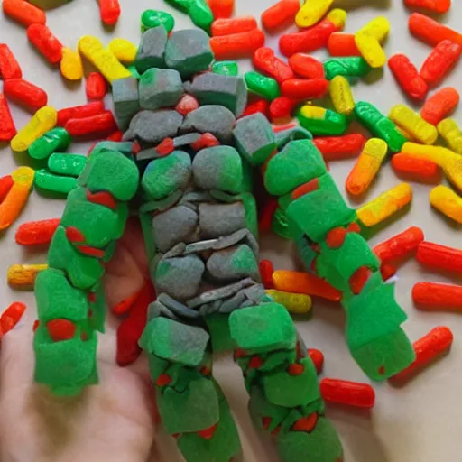 Image similar to golem made of sour skittles.