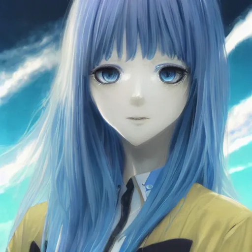 Image similar to profile shot of rimuru tempest, sky blue, straight hair, long bangs, | gold colored eyes | wearing a black jacket with white stripes, very high collar, highly detailed, unreal engine 5, digital painting, cinematic, wlop | artgerm, pixiv, yoshitaka amano, greg rutkowski, ilya kuvshinov, andy warhol