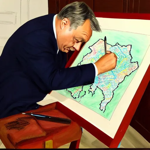 Prompt: viktor orban drawing a map, oil painting