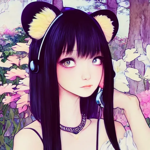 Image similar to realistic beautiful gorgeous natural cute Blackpink Lalisa Manoban black hair fur black cat ears, wearing white camisole summer outfit, headphones, black leather choker, tonemapping artwork drawn full HD 4K highest quality in artstyle by professional artists WLOP, Ayami Kojima, Aztodio, Alphonse Mucha, Taejune Kim, Guweiz on Pixiv Instagram Artstation