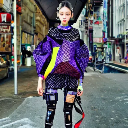 Image similar to fruits magazine steetwear photo of cute cool fashion worn by teens teens in the far future, futuristic!!! haute couture fashion!!!!, nanotechnology cybernetics!!! solar power prosthetic, style of ai yazawa