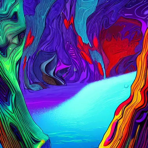 Image similar to a colourful abyss, landscape, digital art, detailed