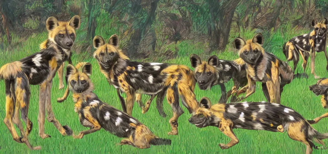 Image similar to pack of african wild dogs near a watering hole, painted by studio ghibli with psychedelic colors