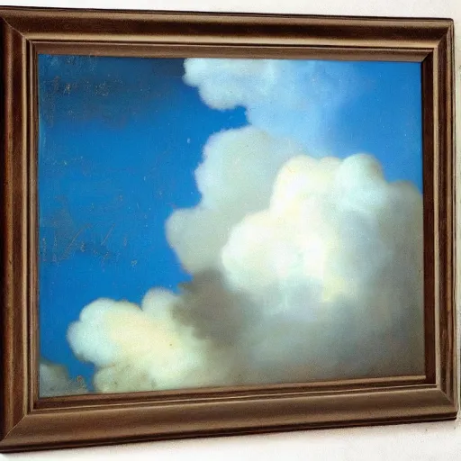 Prompt: bright fluffy clouds in a blue sky painted by rembrandt