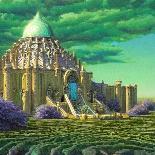 Prompt: an oil painting by michael whelan and donato giancola of a palace made of green, polished, swirling malachite and jade