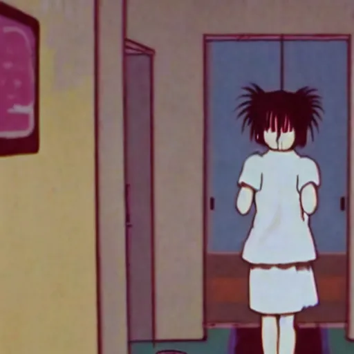 Image similar to screenshot from guro anime, 8 0's horror anime, yellowed grainy vhs footage with noise, schoolgirls trapped in a bathroom, one girl has white hair, in the style of studio ghibli,