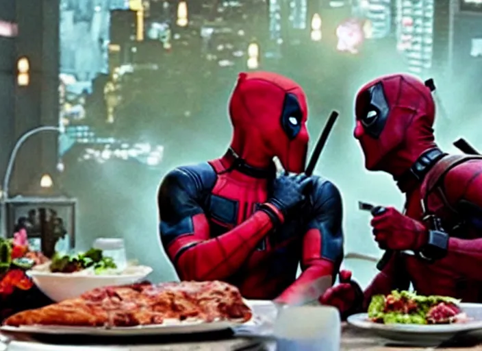 Prompt: film still of Deadpool having a romantic dinner with Spiderman in the new Deadpool movie, 4k