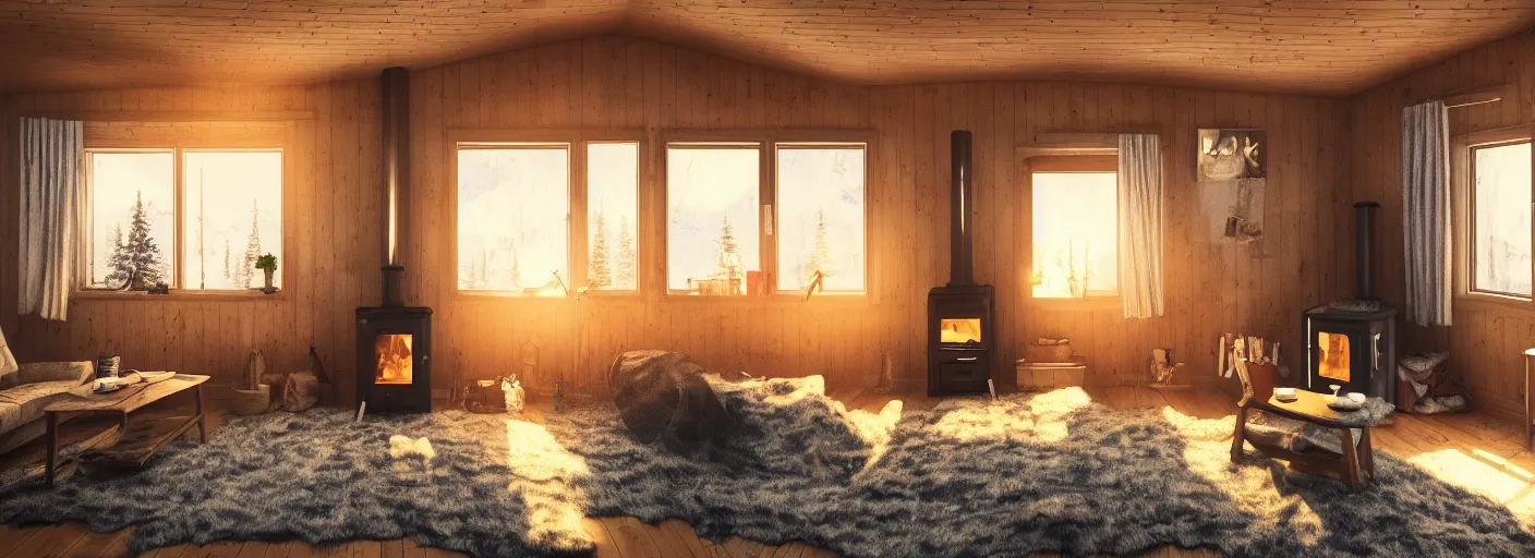 Prompt: The living room of a cozy small modern Norwegian cabin in midwinter with a warm wood stove, warm light, snow outside the windows, low ceiling, manga, anime, digital art, extremely detailed, in the style of Miyazaki, beautiful, 4k, trending on Artstation