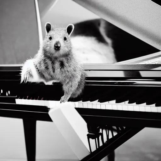 Image similar to a quokka playing on a grand piano, wearing a tuxedo, black and white soft light photograph