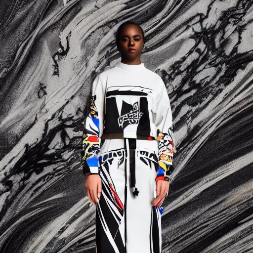 Image similar to black marble statue of a beautiful woman with colorful motocross logos in the style of virgil abloh, very very beautiful, detailed, off white, heron preston, 8 k, 4 k, detailed, beautiful, symmetrical, vogue, editorial, fashion, magazine, model