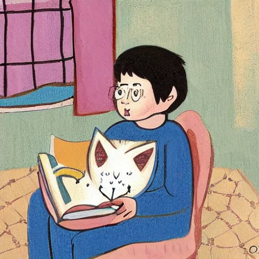 Prompt: a kid with a cat are reading a book, art by margherita grasso