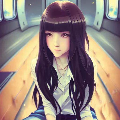 Image similar to a beautiful girl with long dark hair, sitting alone inside of a train, sharp focus, intricate, digital painting, artstation, official media, anime key visual, highly detailed, rich vivid colors, ambient lighting, illustration, art by Artgerm, Makoto Shinkai, Ilya Kuvshinov, Lois Van Baarle, and Rossdraws