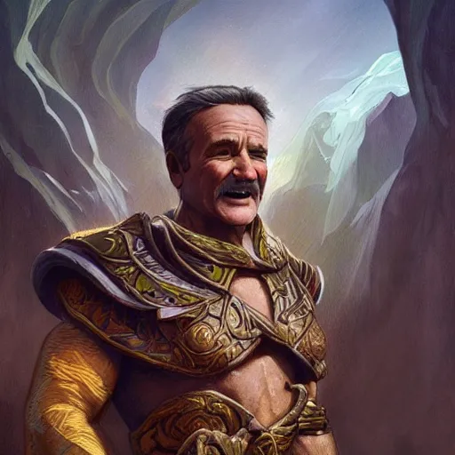 Prompt: robin williams as teferi, in the style of magic the gathering, glacier landscape, d & d, fantasy, intricate, elegant, highly detailed, digital painting, artstation, concept art, matte, sharp focus, illustration, art by artgerm and greg rutkowski and alphonse mucha