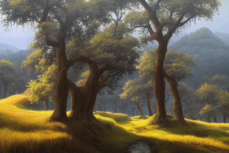 Image similar to masterpiece painting of oak trees on a hillside overlooking a creek, dramatic lighting, by simon stalenhag