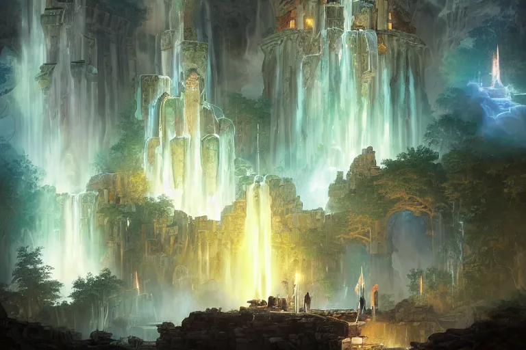 Image similar to Detailed Exterior of Temple Ruins, Cascading Waterfalls, light of god, light shafts, candles, stunning atmosphere, in Style of Peter Mohrbacher, cinematic lighting