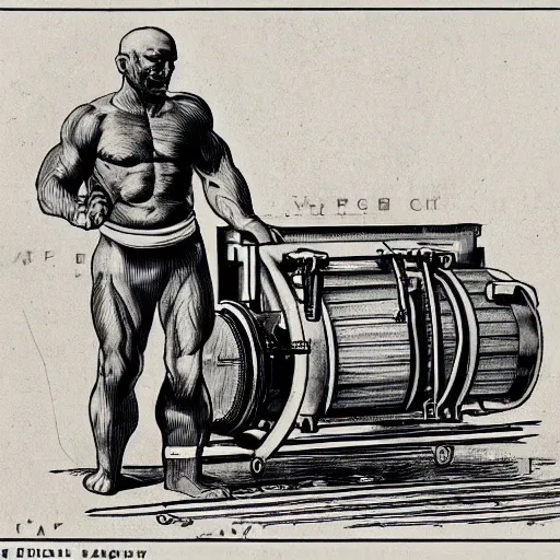 Image similar to a muscular bald man carrying engines on his back, technical diagram, diesel engine, gasoline engine, combustion engine