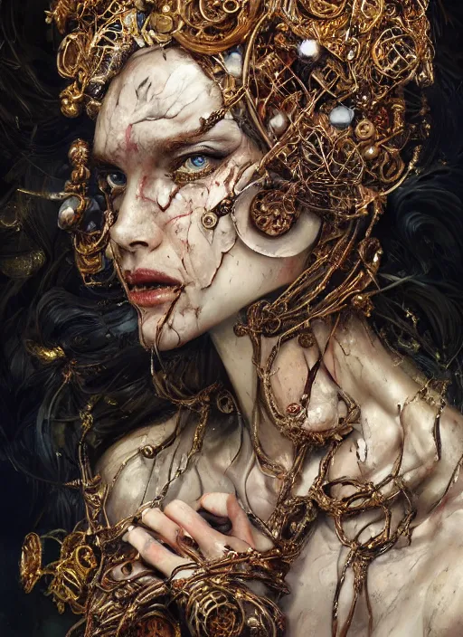Prompt: expressive photo of sophia lauren, bumpy mottled skin full of blood and scars, ornate headpiece made from metals, cables and wires, hyper maximalist, elegant, body horror, by karol bak nd yoshitaka amano and greg rutkowski and jeremyg lipkinng and artgerm, photorealistic, fashion photography